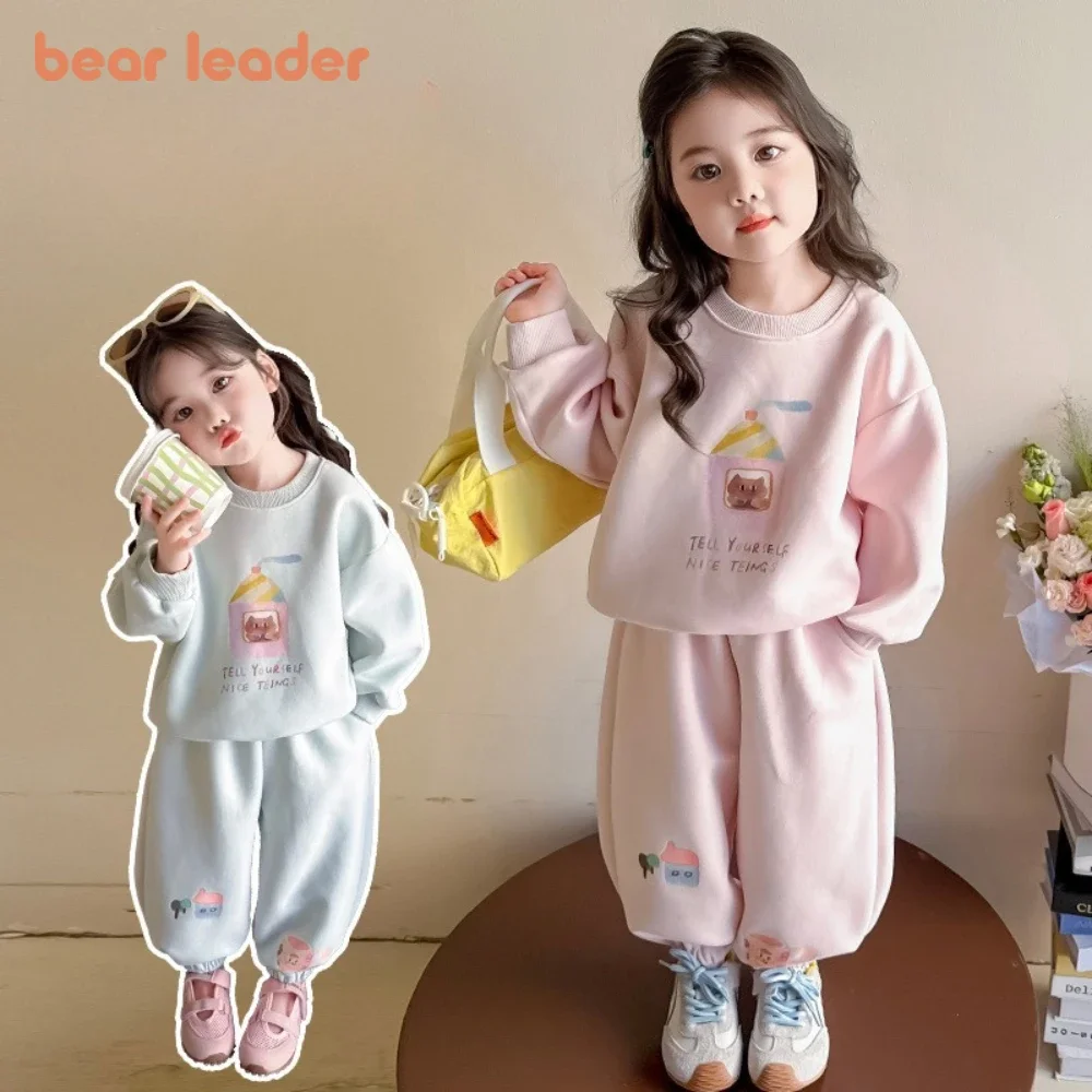 Bear Leader Korean Version of Casual Sports Kids Clothes Girls Autumn Cartoon Printed Long Sleeve Top and Pants Two Piece Set