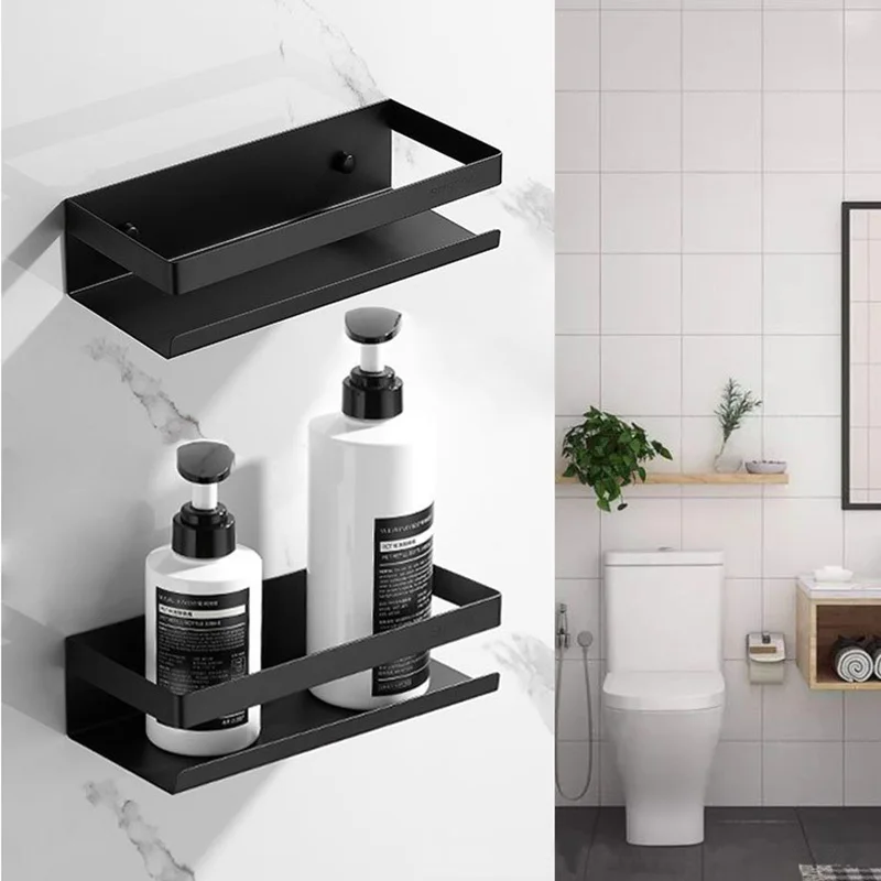 TAICUTE Adhesive Bathroom Shelf Organizer Stainless Steel Storage Basket No Drilling Shampoo Holder Racks, Black Silver