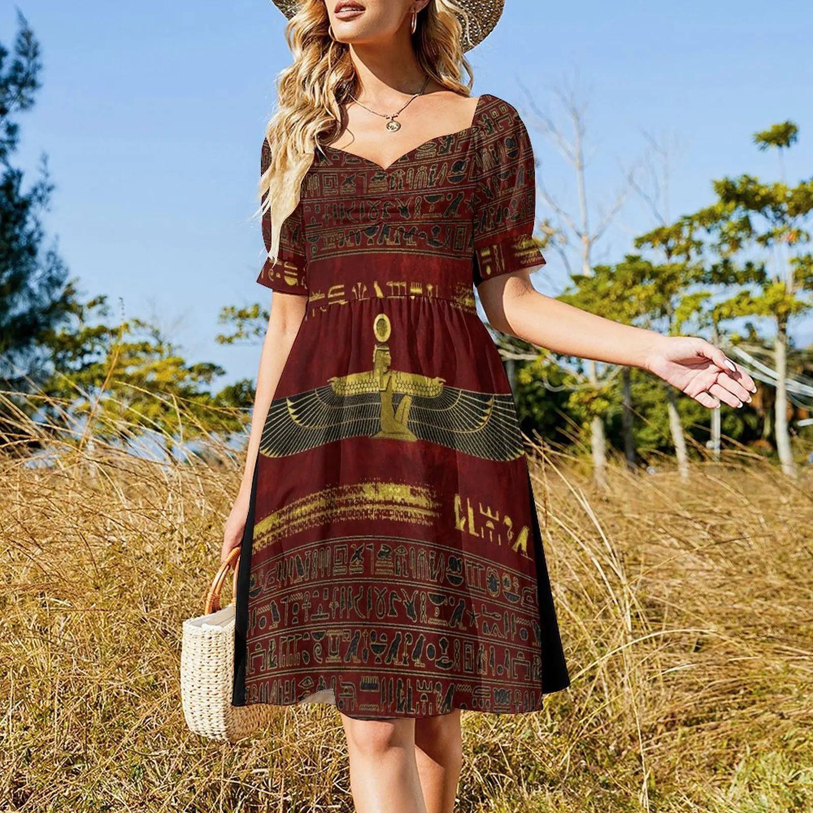 Golden Egyptian God Ornament on red leather Short Sleeved Dress Summer skirt Clothing Dress