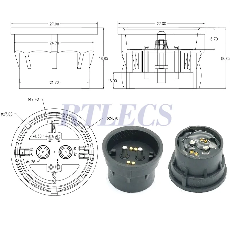 Magnetischer runder Pogo-Pin-Stecker, 10 A, männlich, weiblich, Metall, federbelastet, 1-poliges DC-Ladegerät, 16 AWG-Draht, M12-Gewinde, Gold – Detail 12