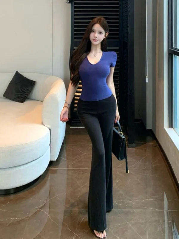 

Slim Fit V-Neck Short Sleeve T-Shirt High Waist Yoga Pants Flared Long Pants Summer Chic Commute Slimming Versatile Two-Piece...