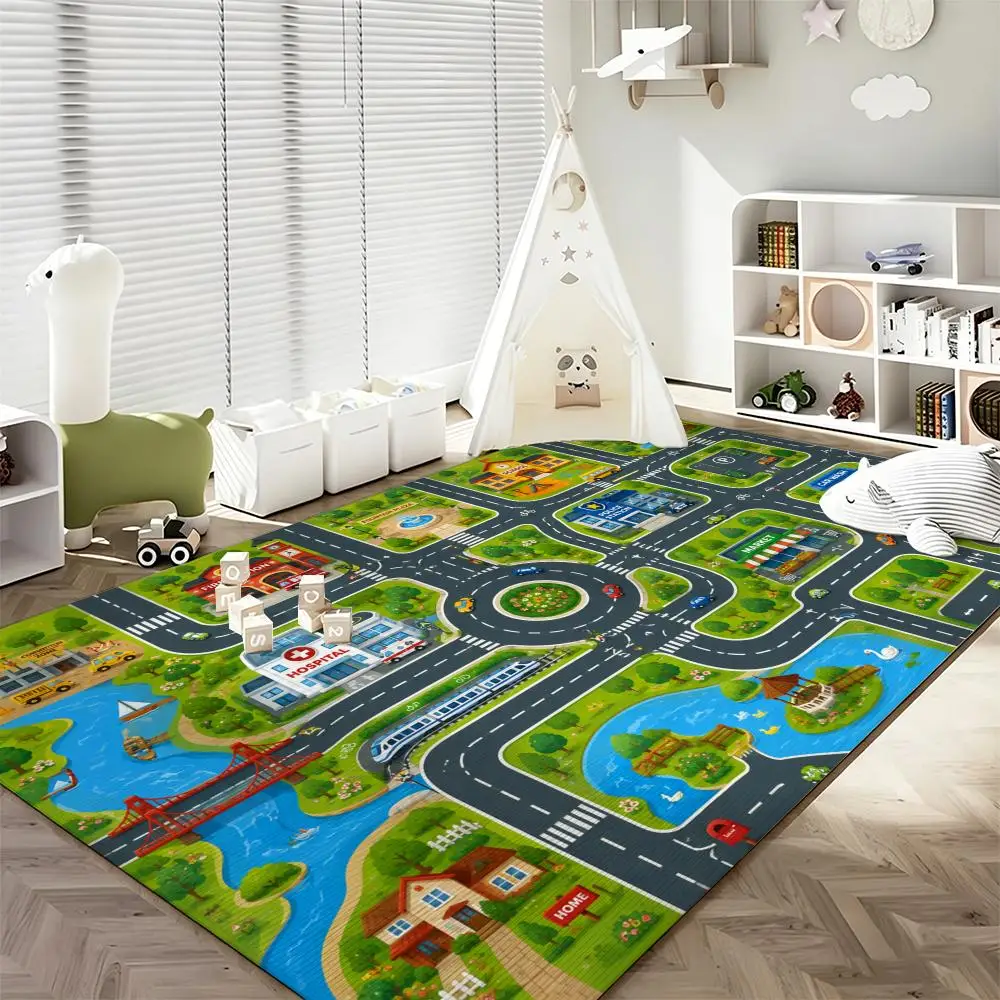 Kids City Road Map Racing Track Cartoon Adventure Floor Mat Soft Flannel Non Slip Absorbent Entryway Bathroom Bedroom Garage