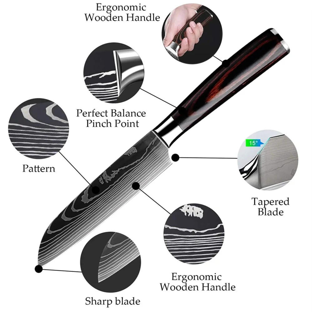 Japanese Kitchen Chef Santoku Knife Laser Damascus Pattern Professional Butcher Meat Cleaver Boning Fish Fruit Utility Knife image 3