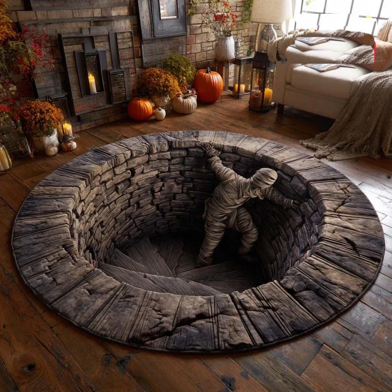 3D Spiral Staircase Bandage Human Carpet 3D Skeleton Halloween Rug Spooky Stairs Illusion Carpet Gothic Halloween Area Rug