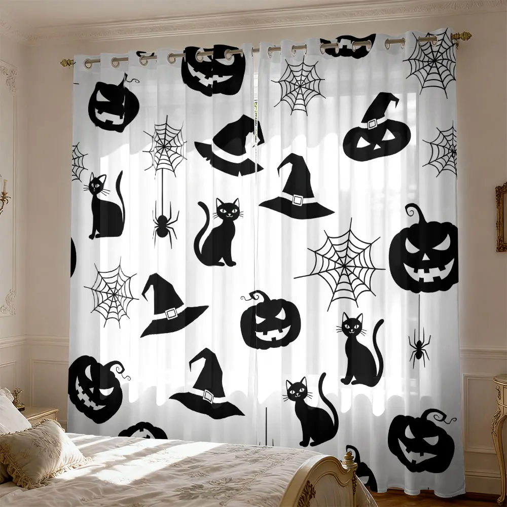 2pcs Halloween pumpkin black cat and spider-printed curtains blocking light decorating bedrooms and homes fashionable way