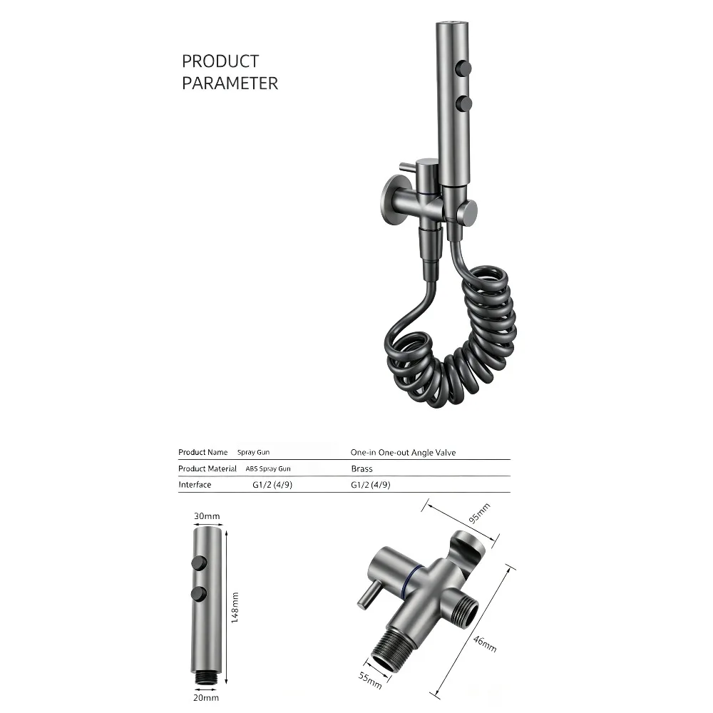 Handheld Bidet Sprayer Set, Brass Angle Valve, 2‑M Spring /1.5M PVC Hose, Gun‑Gray & Bright‑Silver Chrome