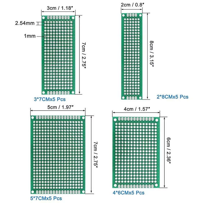 20 PCB Green Circuit Boards, Double Sided PCB Prototype Boards with 4 Sizes Compatible PCB Prototype Boards for DIY Electronics
