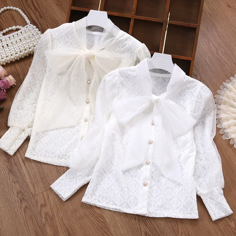 Fashion Baby Girl Blouse Lace Teenager Girl Clothes Shirt Bow Elegant Formal Children Clothing White Pink Kids Outfits Plus Size