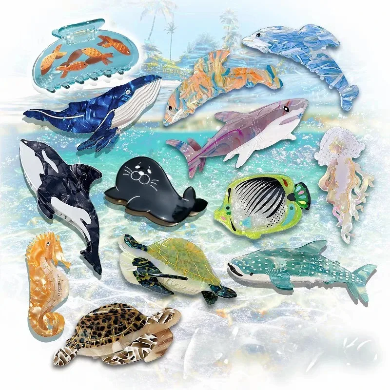 Big Collection Ocean Life Series Hair Claw Hippocampus Jellyfish Dolphin Shark Acetate Hair Claw Clip for Women Hair Accessories