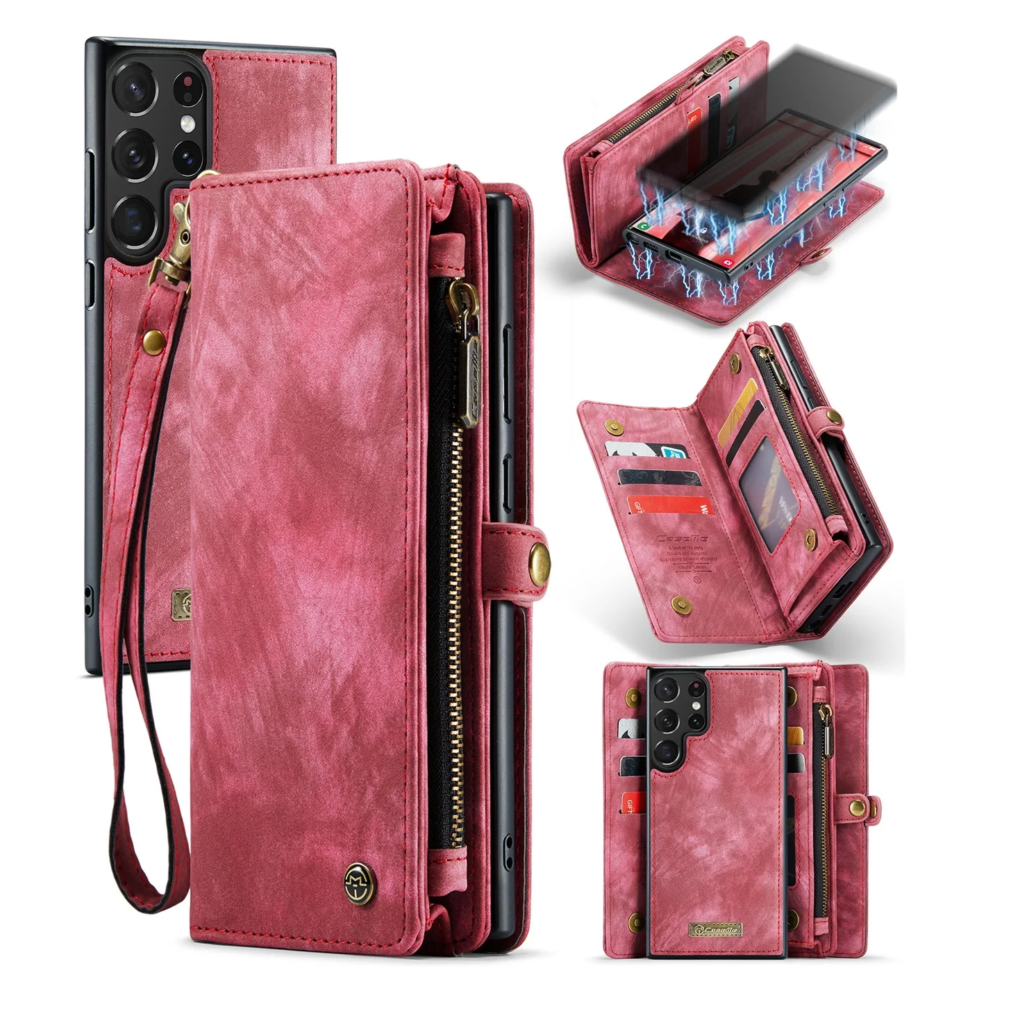 CaseMe Luxury Detachable Zipper Purse Wallet Case for Galaxy 23 Ultra S10 S20 S21 S23 FE S22 S23 Plus Magnetic Flip Leather Case