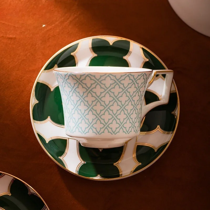 Green Star Bone China Gold Plated Afternoon Tea Coffee Cup and Saucer Set for Hotel Restaurant Tea Time Service Cups and Mugs