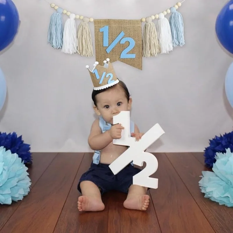 Half Birthday Decorations,1/2 Birthday High Chair Banner, Birthday Crown Hat, 6 Months Birthday Party Decorations Photo Props