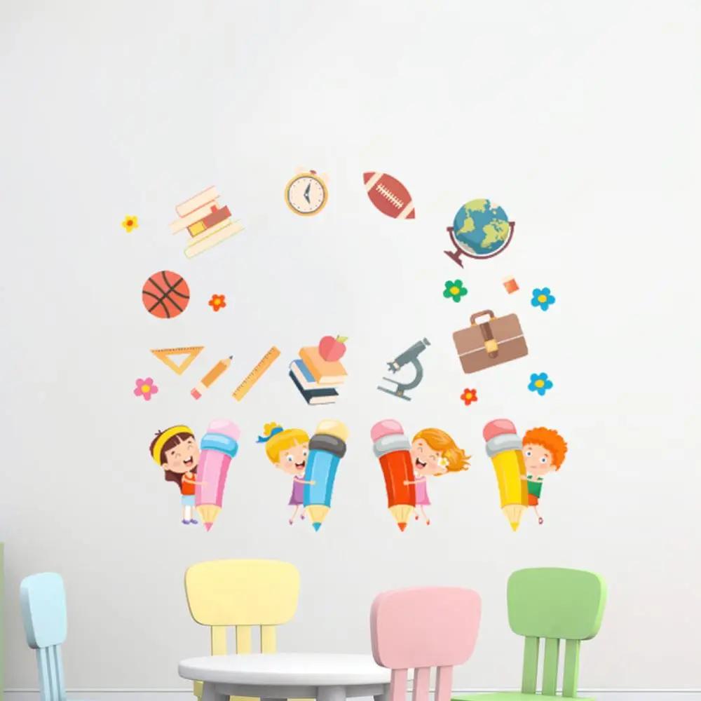 Waterproof Wall Stickers For Kids Room Decoration Learning Theme Pencil Ruler Books Art Mural Self Adhesive