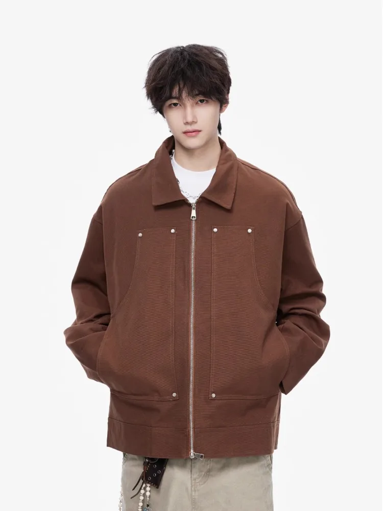 

American Clean Fit Vintage Brown Workwear Jacket for Men Spring Fall Oversized Shirt Collar Handsome Rogue Loose Outerwear