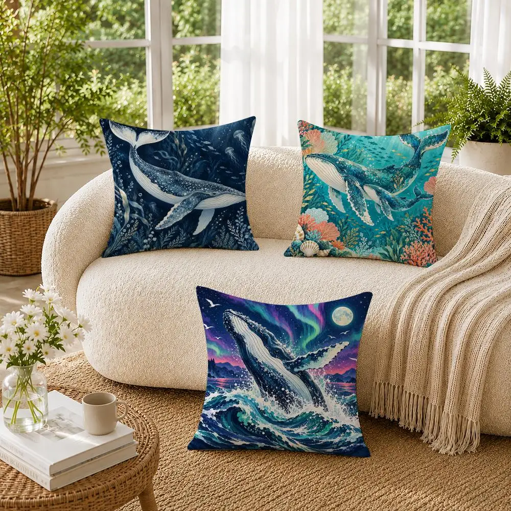 Whale Illustration Ocean Themed Cushion Cover Soft Short Plush Pillow Cases Hidden Zipper Cutecore Sofa Bedroom Home Decor Gift