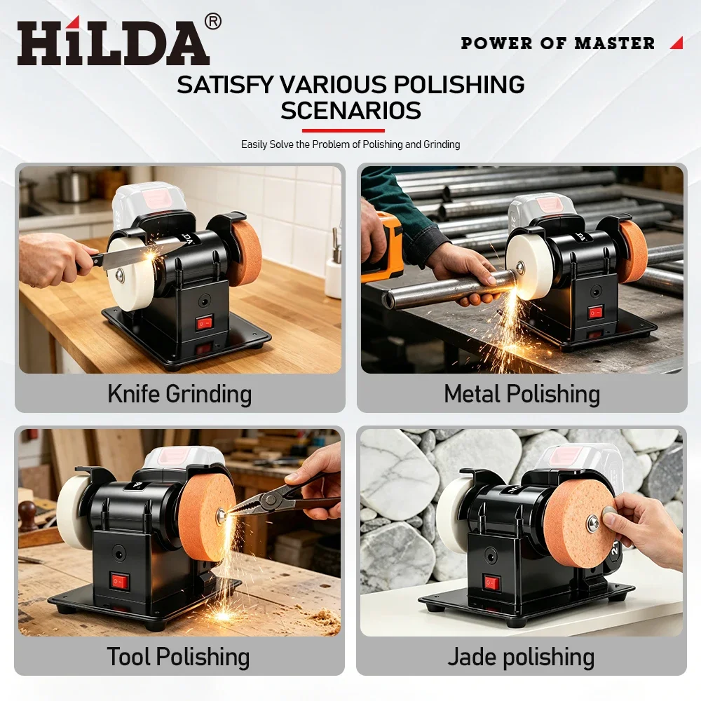 HILDA Electric Dual-Wheel Grinder Cordless Grinding Polishing Coarse Fine Wheel Sharpening Tool For Makita Battery