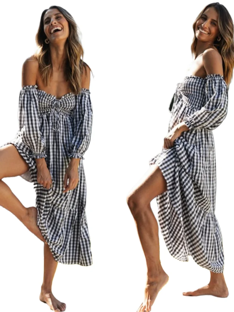 

Fashion Print Off Shoulder Women's Plaid Dress New Autumn Fashion Elegant Party Casual Dresses Femlae Holiday Robe Femme