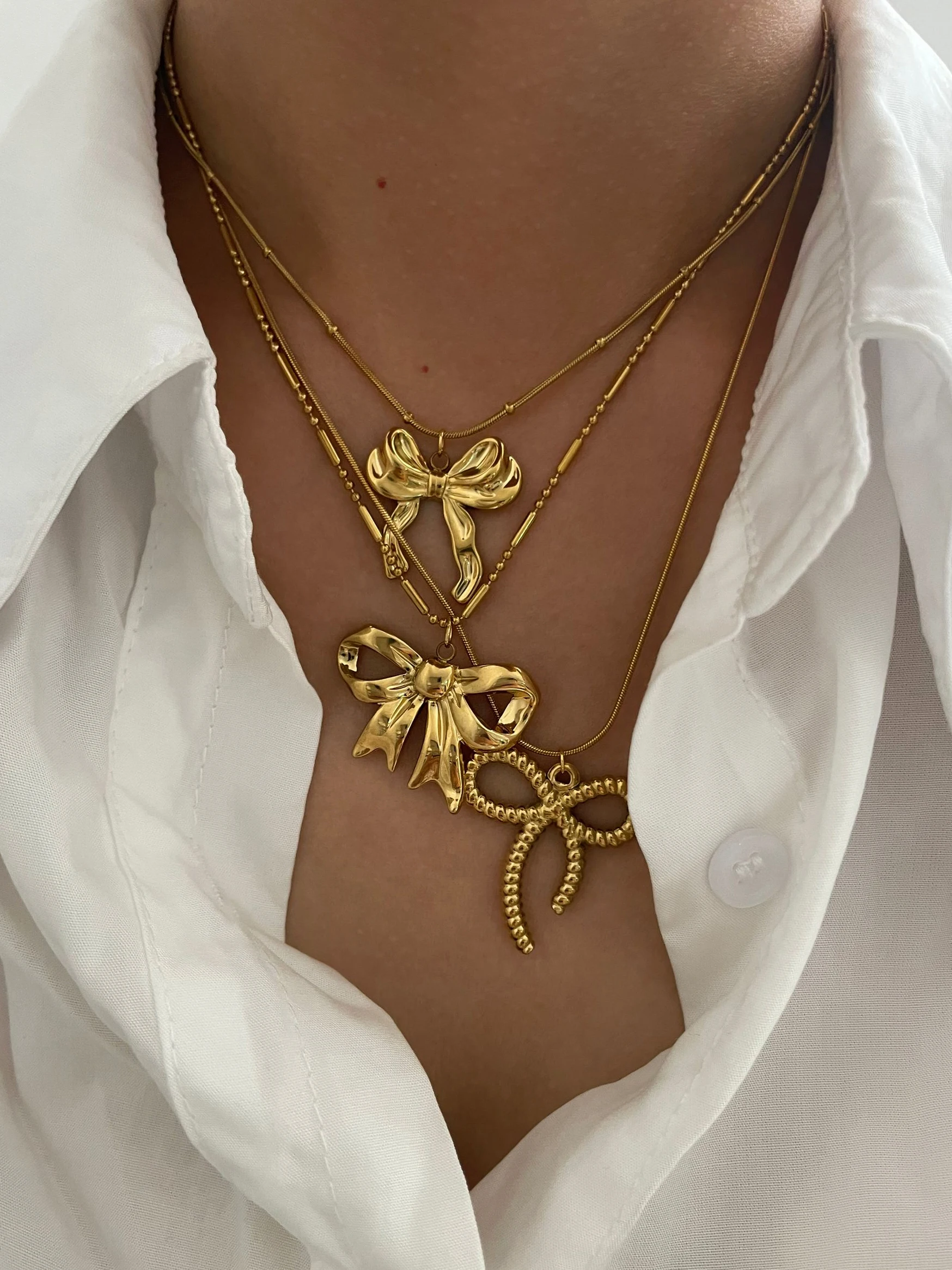 Peri'sbox Classic Elegant Gold Plated Thin Chain Bow Knot Pendant Necklaces for Women Stainless Steel Waterproof Summer Jewelry