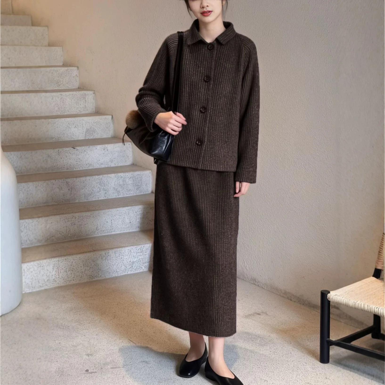 Miyake Pleated Women 2Pcs Knit Outfit Lapel Single Breasted Jacket & Midi Skirt Set Elegant Autumn Winter Ribbed Two Piece Suit