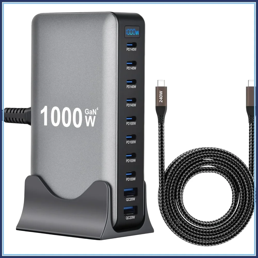 

1000W 10-Port GaN Desktop Charging Station with 240W Data Cable - Compatible with Tablets, Phones, Laptops, Gaming Consoles