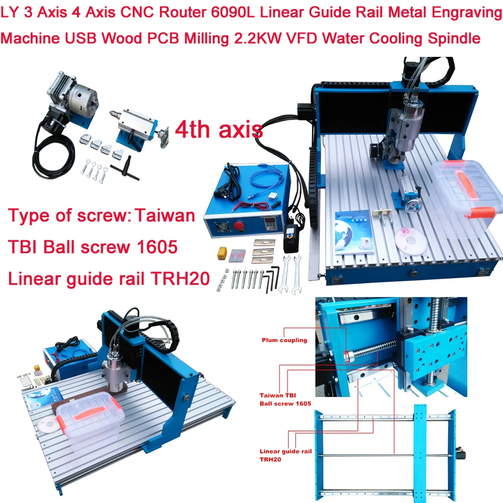 

LY 3 Axis 4 Axis CNC Router 6090L Linear Guide Rail Metal Engraving Machine USB Wood PCB Milling 2.2KW VFD Water Cooling Spindle