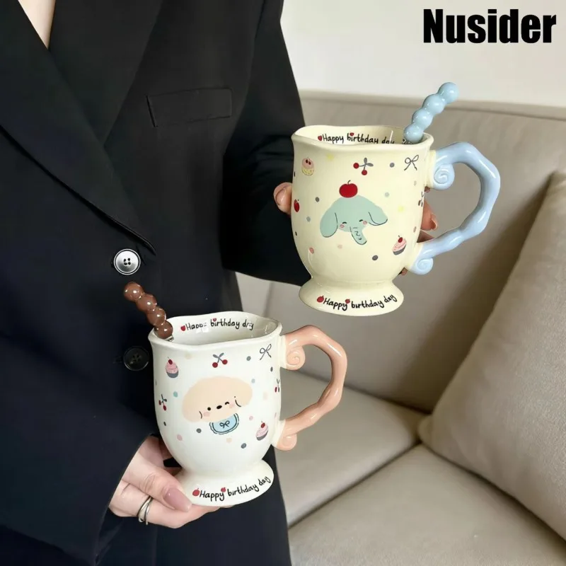 Ins Style Puppy/elephant Ceramic Coffee Cup, Milk Cup, Cute and Practical Home Companion Gift, Cartoon Uncovered with Handle Mug