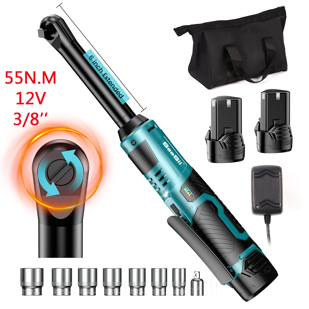 Seesii 3/8 ''6'' Uitgebreide Ratelsleutel Elektrische Hoeksleutel 55Nm Draadloze Elektrische Sleutel Driver Auto Reparatie Tools Set 12V