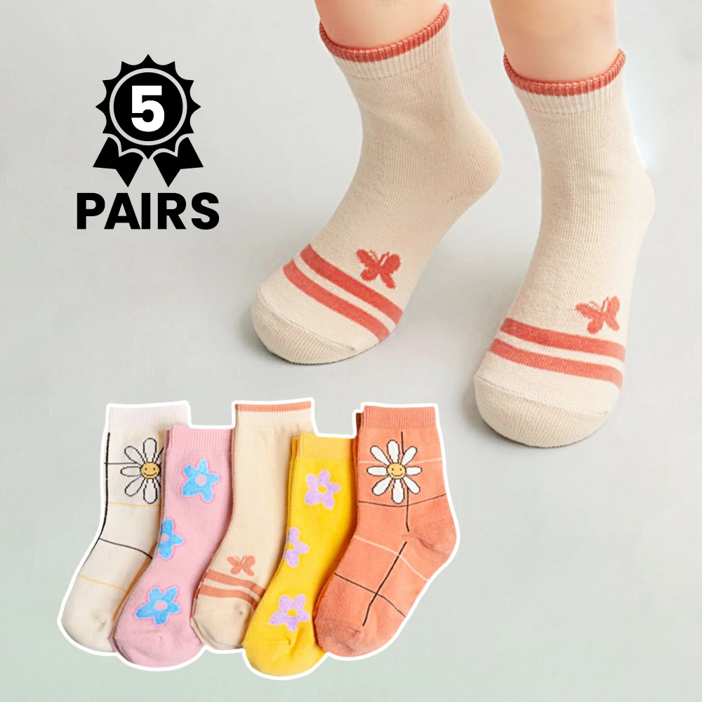 5 pares de calcetines bonitos con estampado de flores de margaritas para niñas, calcetines tobilleros de algodón suave y transpirable con diseño de mariposa, calcetines informales a la moda para niños pequeños