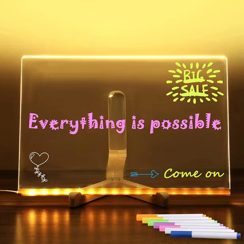 LED Note Board Night Light with 7 Colors Pen Lighted Acrylic Drawing Board Glowing Message Marker Board For Office School Home