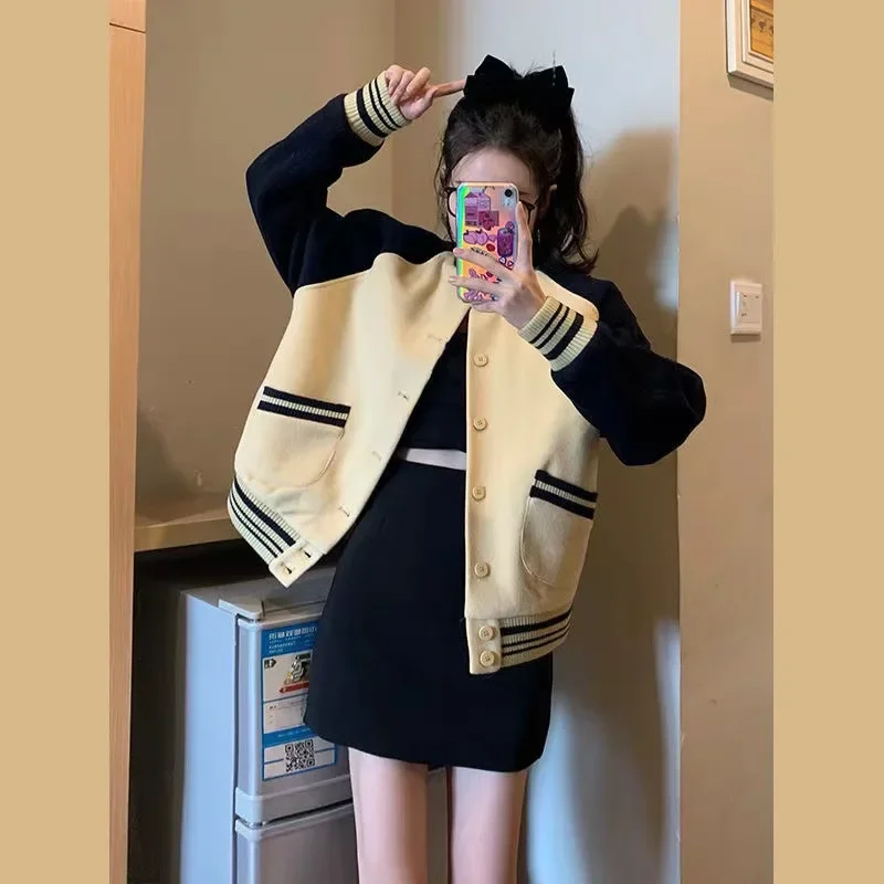 Nice Women Spring Autumn Pocket Baseball Jacket Female Single-Breasted Stand Collar Casual Slim Coat Patchwork Button Print Oute
