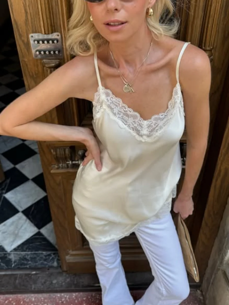 

Женская туника с кружевной отделкой, камзол с V-образным вырезом, топы на тонких бретельках, модная летняя уличная одежда