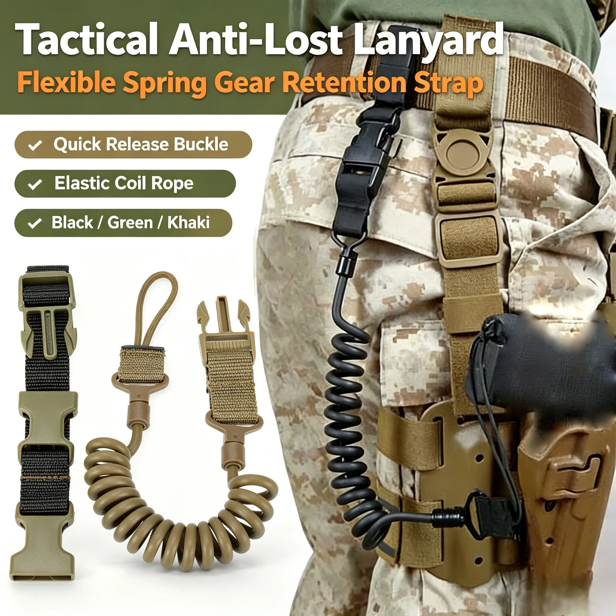 Tactical Spring Lanyard Outdoor Anti Lost Rope Adjustable Elastic Coil Strap for Hunting Camping Accessory