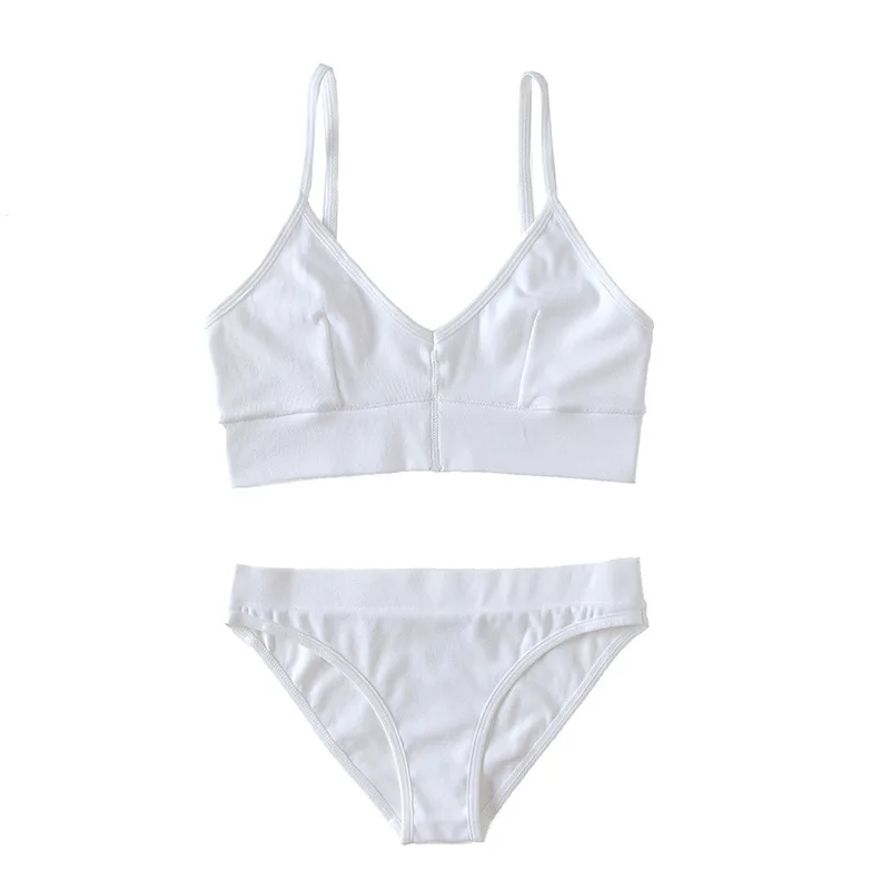 French simple solid color underwear set women's V-neck thin shoulder strap soft skin-friendly breathable comfort Ins Style