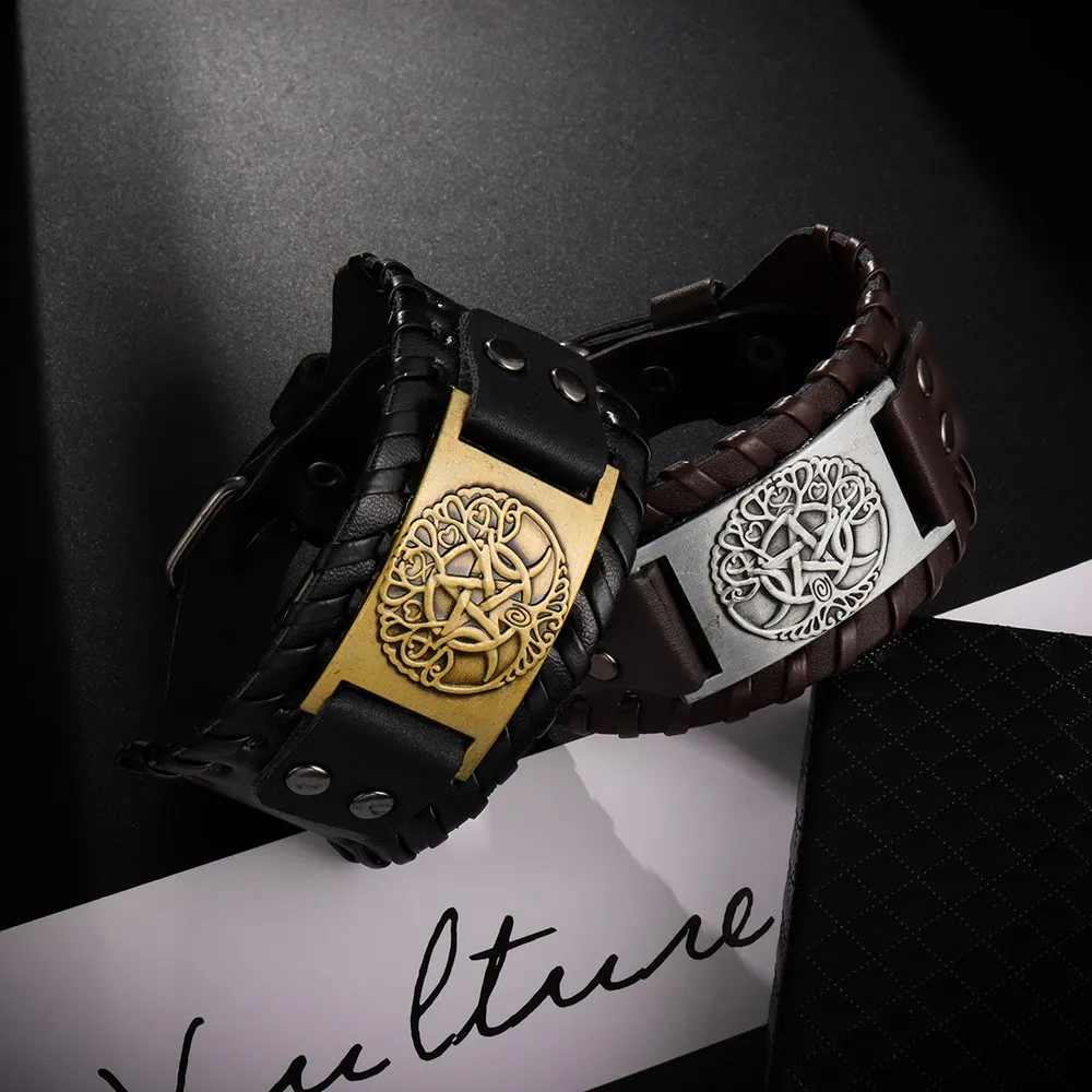 Pulsera Retro de cuero ancho para hombre, brazalete nórdico de runa de Odi, árbol de la vida, joyería celta vikinga, regalos de fiesta