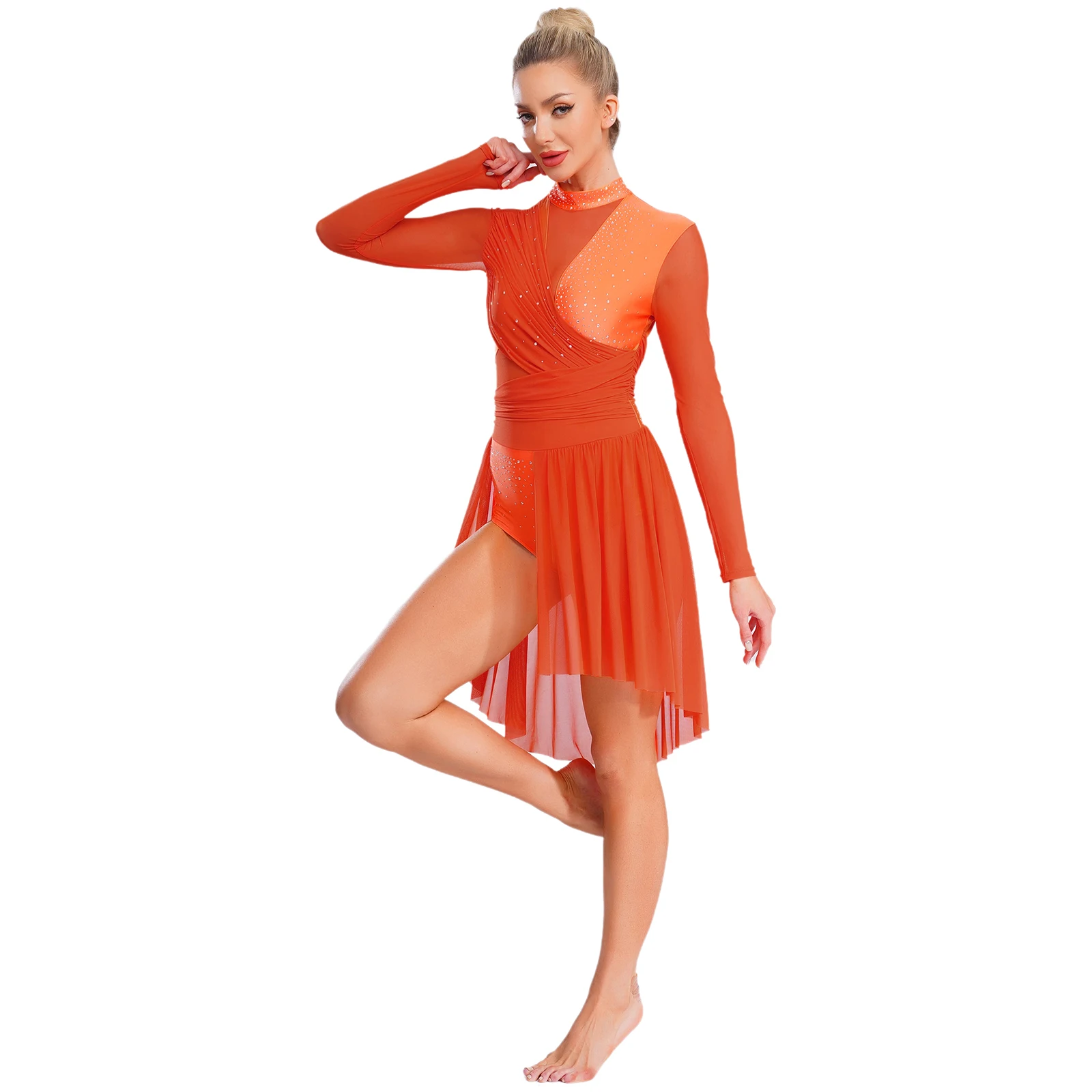 Vestido feminino de balé, dança lírica, brilhante, strass, manga comprida, franzido, costas nuas, collant, trajes de dança contemporânea