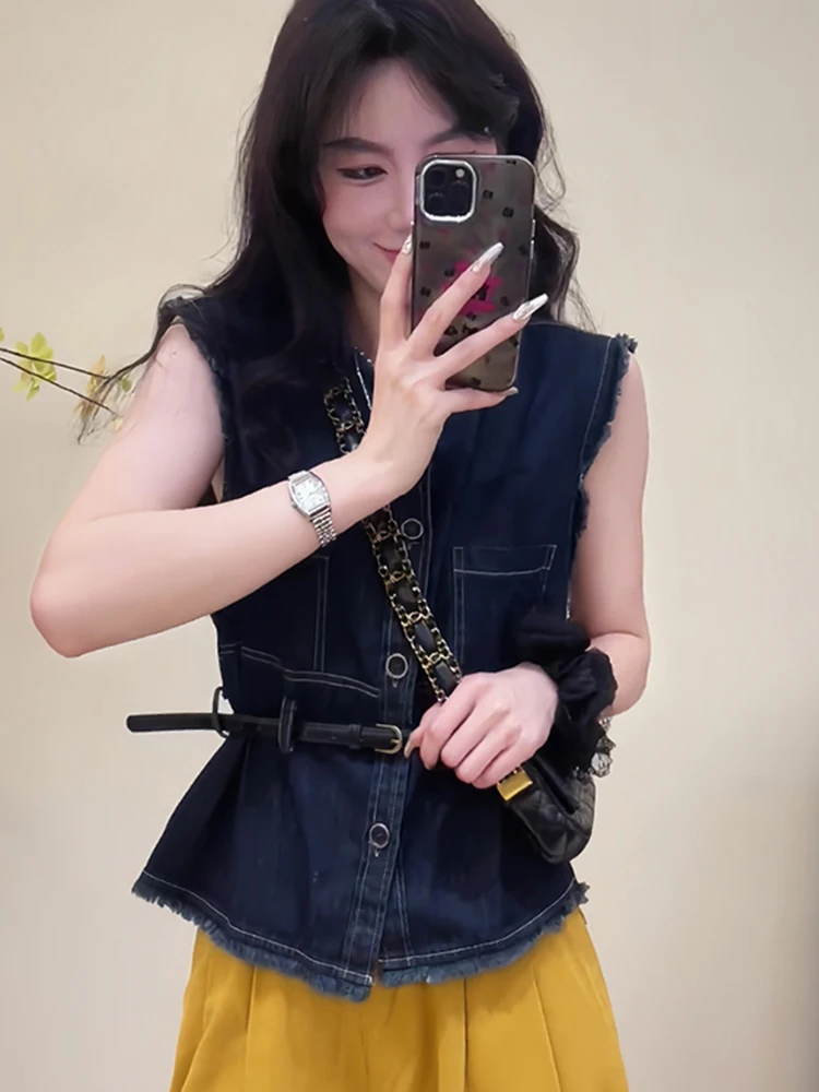 Sommer Neue Denim irt frauen Lose Svel Reine Farbe Weste Design Sinn Kleine Top Koreanische Sle Gerade Rohr Taste