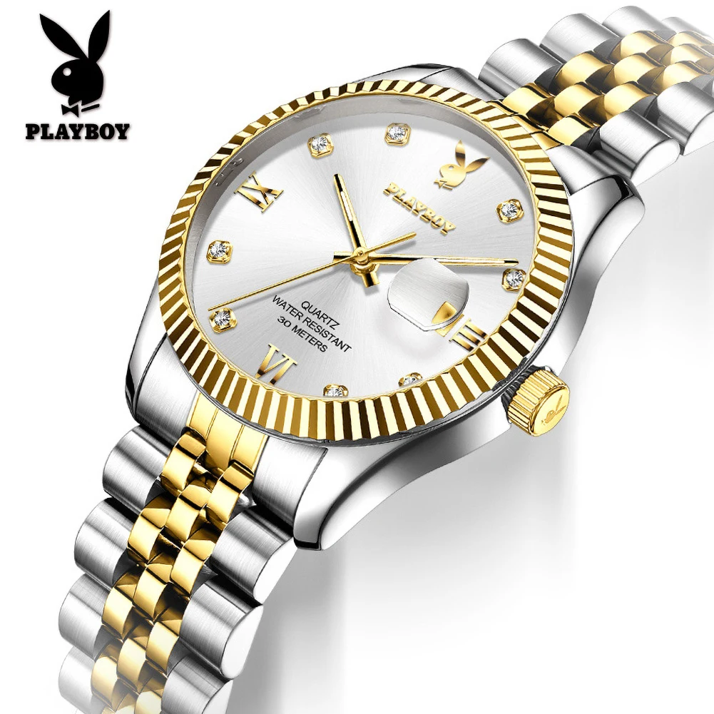 PLAYBOY Quartz Watches for Women Original Solid Steel Strap High-end Luxury Brand Wristwatch With Date Waterproof Luminous Watch