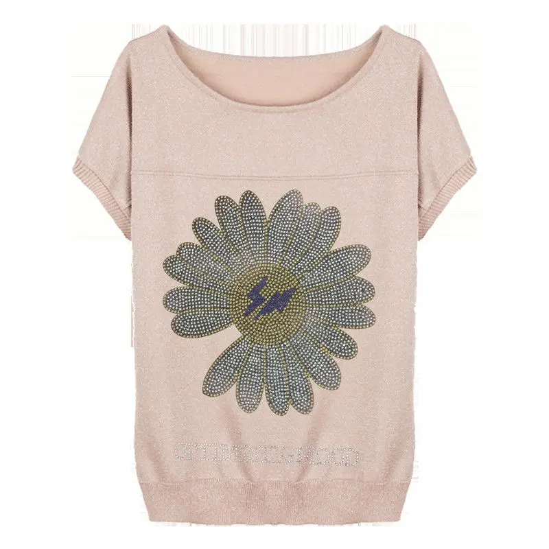 Womens Daisy Hot Fix Rhinestone Short Sleeved Knitted T-shirt