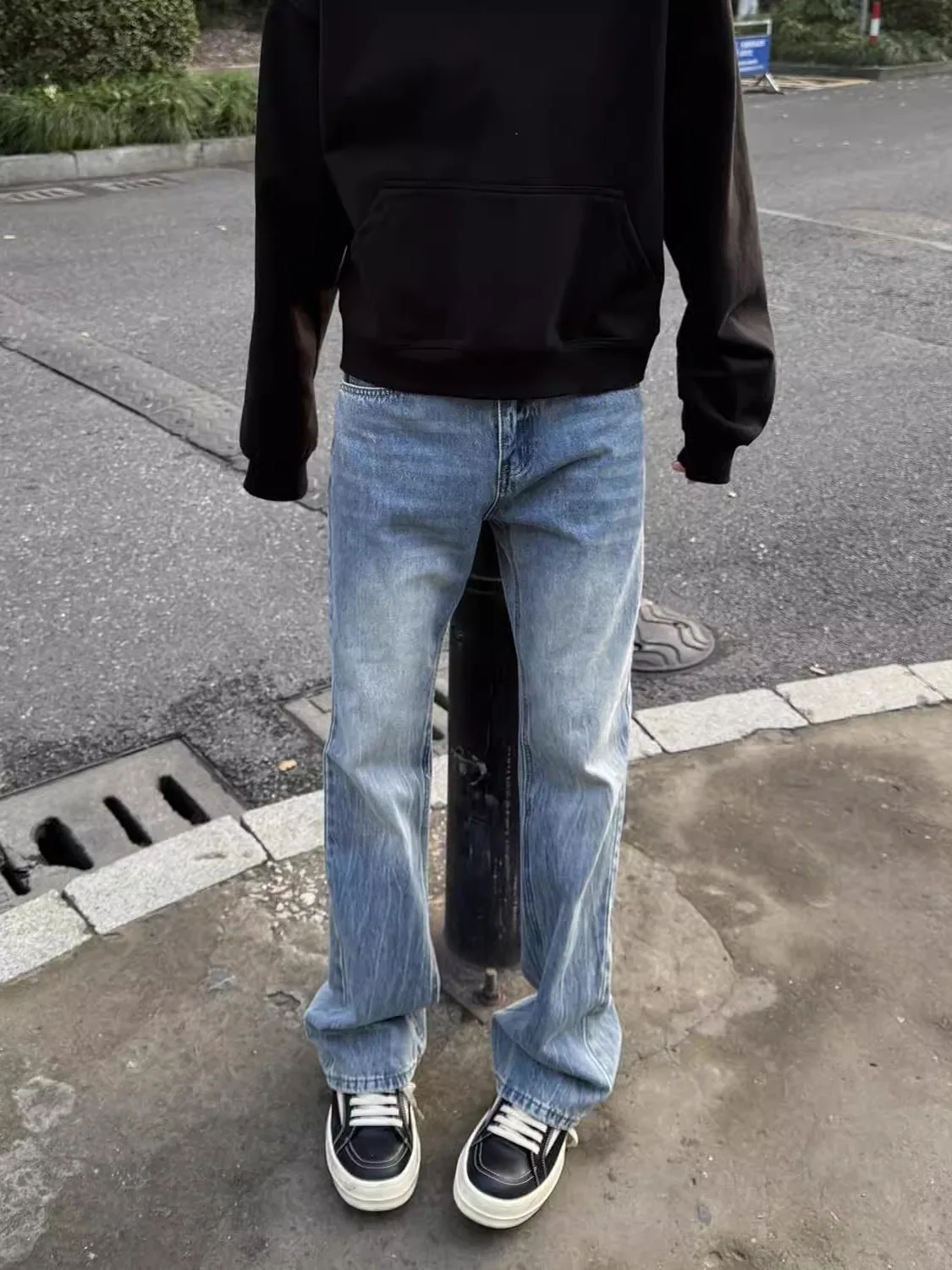 

Cleanfit American High Street Retro Wa Lightning Pattern Blue Flared Jeans Men Slim Straight Leggings Pants Casual Faion