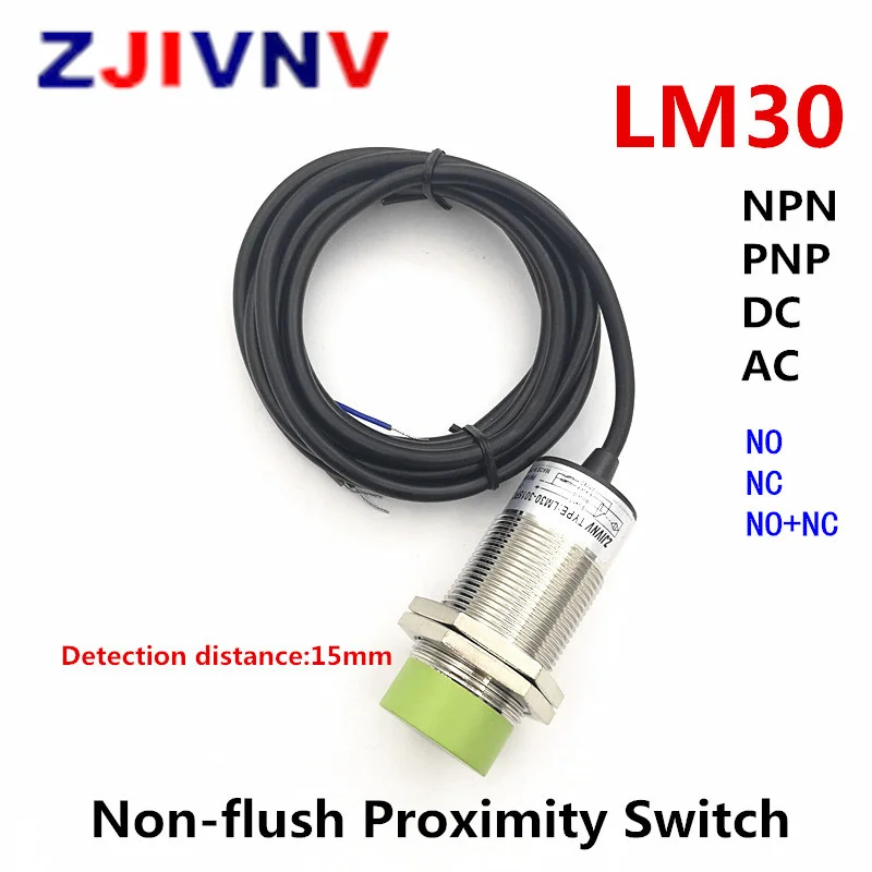 Factory price cylinder non-flush type M30 proximity switch inductive sensor NPN NC/normally Close DC 6-36V 3 wires distance 15mm