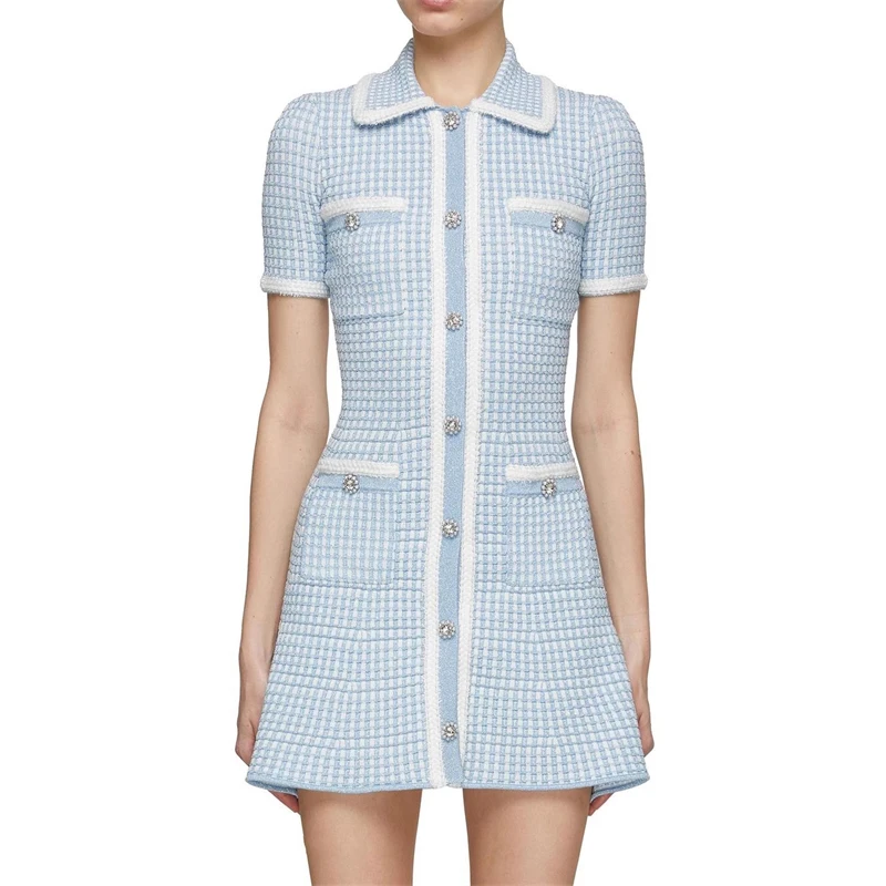 

Spring/summer new women's lapel plaid short-sleeve knitted dress quality diamond buttons multi-pocket stretch slim mini skirt