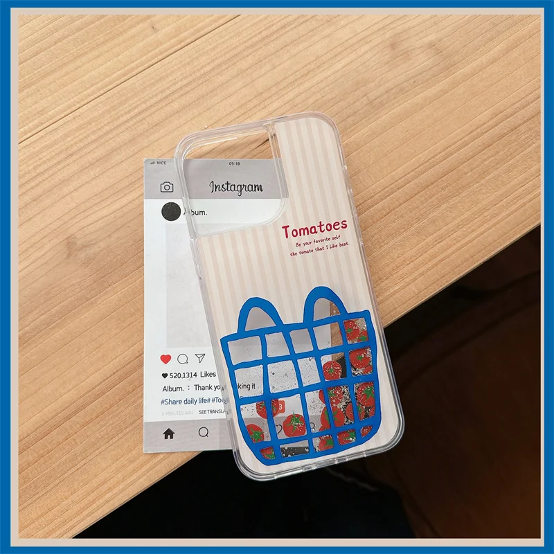 Tomatoes Slider Floating Case for iPhone 16 15 17 Pro Max Glitter Dynamic Quicksand Hard Back Cover Silicone Shell Liquid Funda