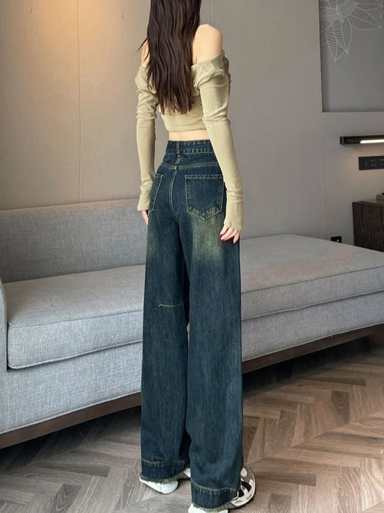 2025年秋冬 タッセルデザイン ワイドレッグジーンズ レディース 厚手 アメリカンスタイル 細身 ストレートパンツ