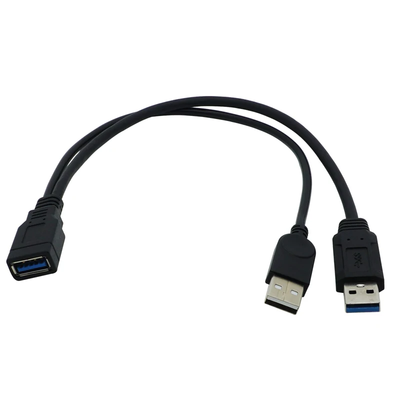 Cable adaptador de ordenador de 30cm Y 25cm, Cable USB 3,0 2,0 hembra a USB Dual macho, datos de potencia Extra Y un punto, dos cables de extensión