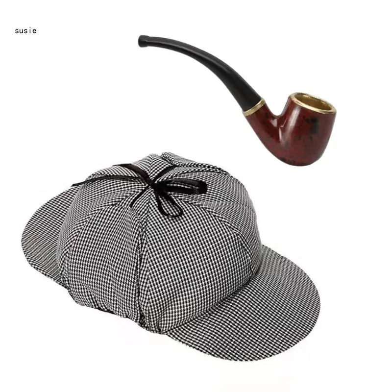 2 Pieces Detective Costume Set Black and White Hat Costume Pipe for Man X7YA