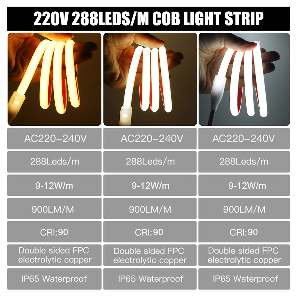Dimmable COB LED Strip Light 220V Adhesive Tape Timable Dimmer Switch Power Kit 288 LEDs Linear Lighting Flex Silicone Tube Lamp