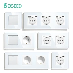 BSEED 1/2/3Gang Mechanical Button Switches Wall Light Switch On Off Glass Power Switch 2.1A Type-C USB Socket EU Standard  1Way