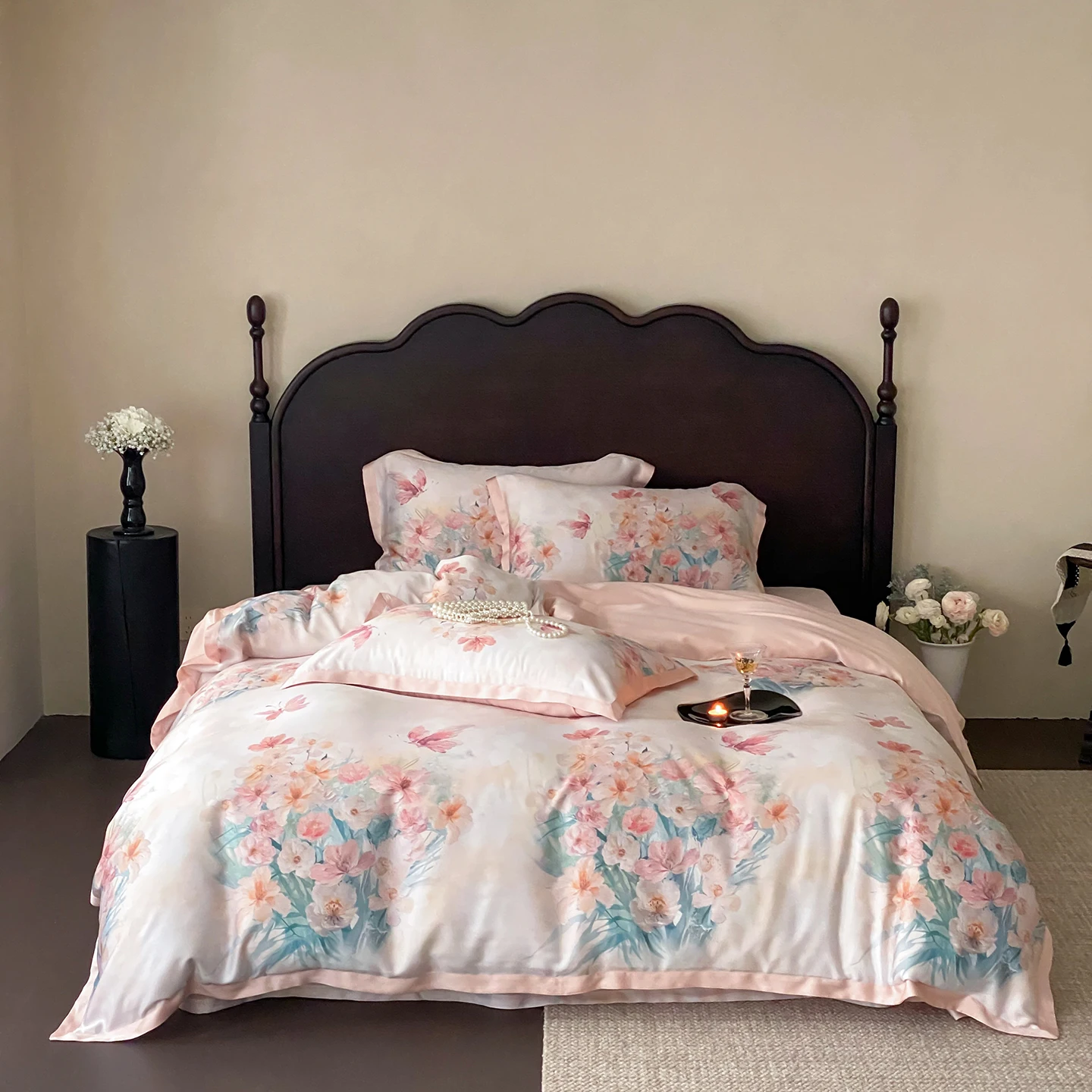 600TC Lyocell Soft Silky Cooling Summer Luxury Bedding Set Flowers Print Duvet Cover Set Flat/Fitted Bed Sheet Pillowcases 4Pcs