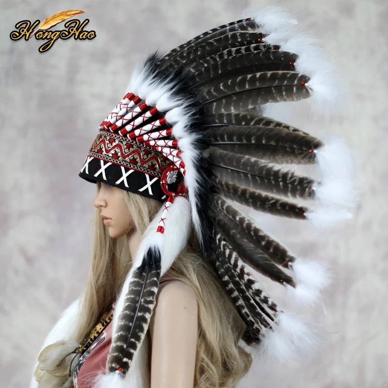 Customized Indian Feather Headdress Turkey Feather Costume Chief Feather Hat Headband Carnival Party Bonnet Halloween Decoration