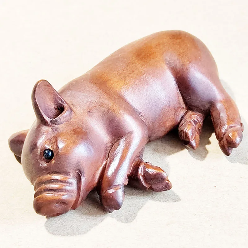Y8735 - Lovely 2 Inches Hand carved Boxwood Netsuke Figurine - Sleeping Pig Signed